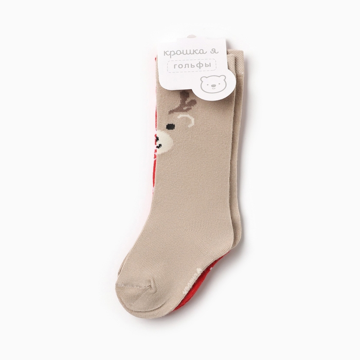 Новый год.Гольфы детские 2 пары Крошка Я, 14-16 см, бежевый / красный