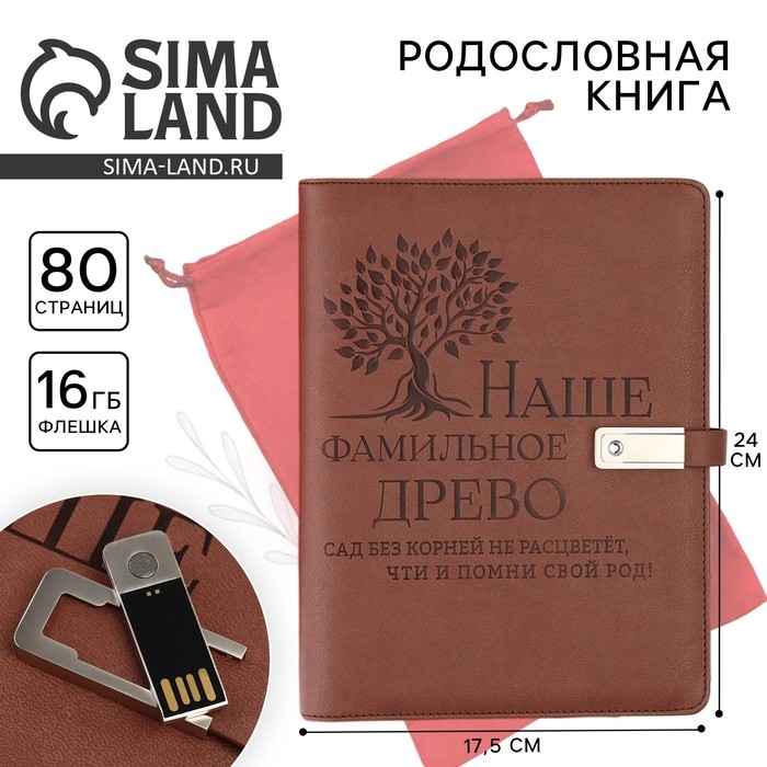 Родословная книга со встроенной флешкой 16 Gb &laquo;Наше фамильное дерево&raquo;, 17,5 х 23 см.