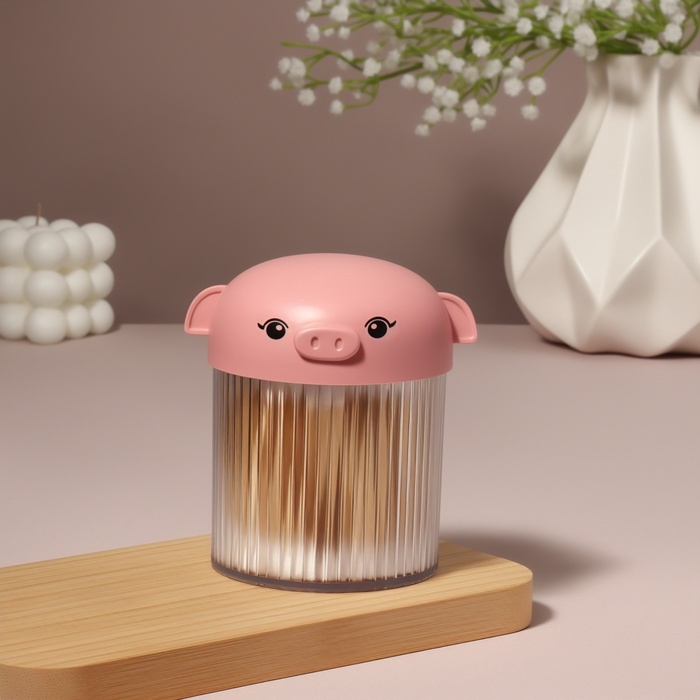 Органайзер для ватных палочек &laquo;Хрюшка&raquo;, с крышкой, d=7.7&times;10.3 см, в пакете, розовый,прозрачный