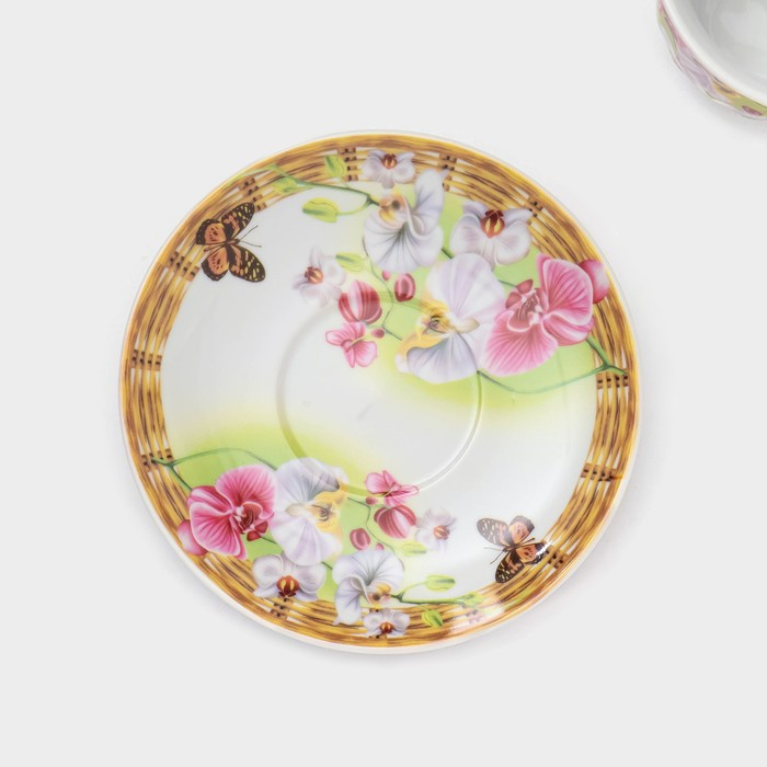 Набор чайный керамический на металлической подставке Доляна &laquo;Садовый дворик&raquo;, 13 предметов: 6 чашек 200 мл, 6 блюдец d=14,1 см, чайник 1 л ㅤ