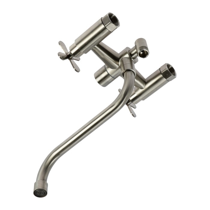 Смеситель для ванны ZEIN Z3733, двухвентильный, S-образный излив 21 см, лейка, шланг, сатин Смеситель для ванны ZEIN Z3733, двухвентильный, S-образный излив 21 см, лейка, шланг, сатин