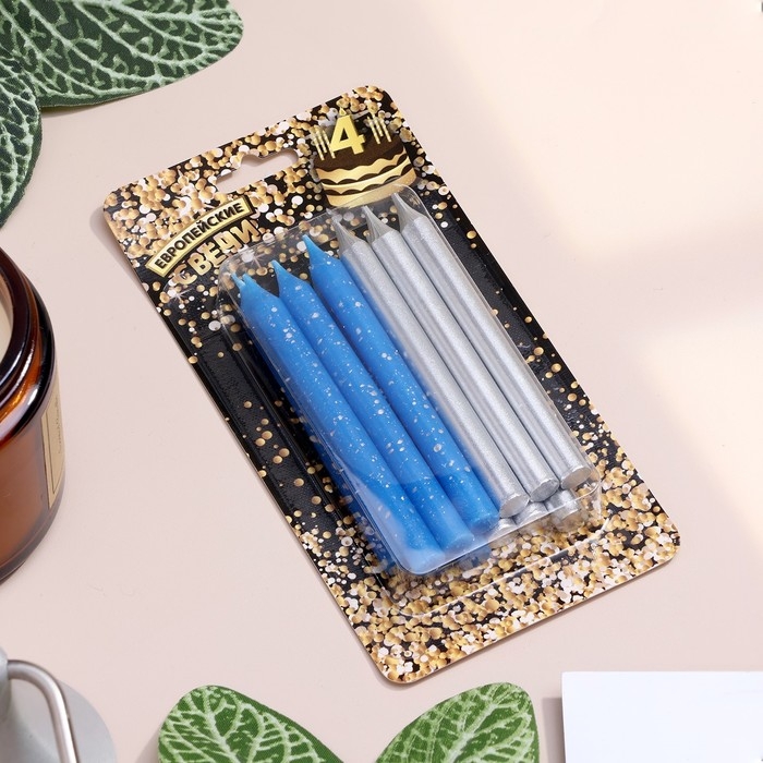 Набор свечей для торта "Спарк", 12 шт, 8 см, синий и серебряный металлик