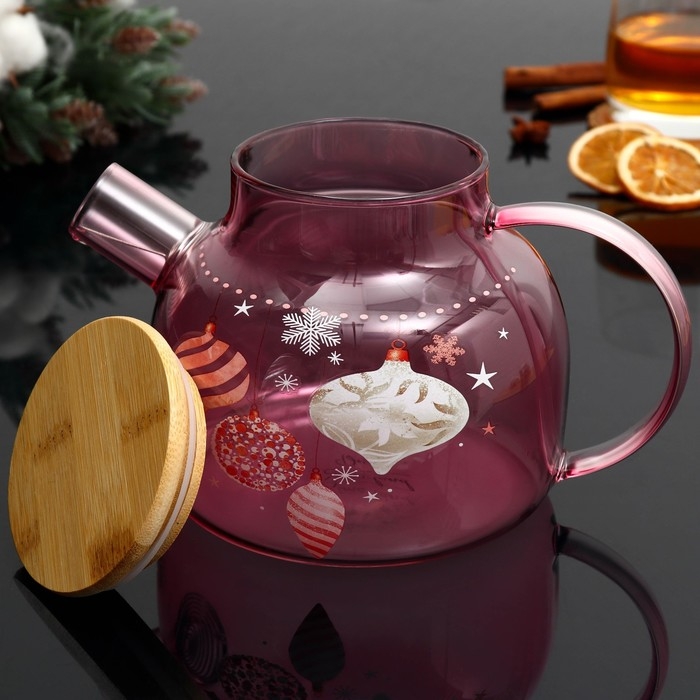 Новый год. Чайник заварочный стеклянный с бамбуковой крышкой &laquo;Розовая сказка&raquo;, 1000 мл