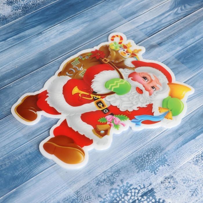 Наклейка на стекло "Дед Мороз с подарками и колокольчиком" 14,5х18 см, красный