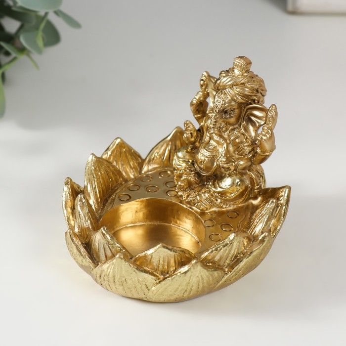 Подсвечник полистоун на 1 свечу "Ганеша в лотосе" золото 9х8,2х7 см