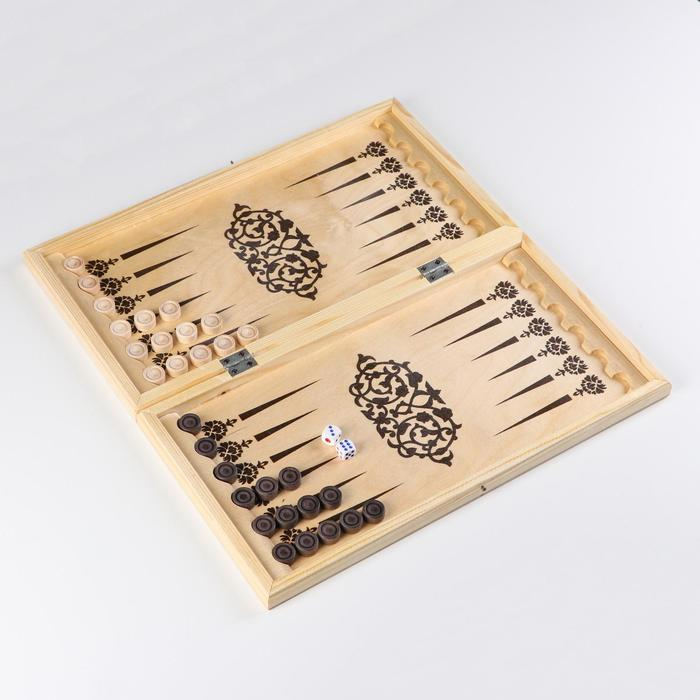 Нарды деревянные большие, настольная игра "Узор", 40 х 40 см, с полем для игры в шашки