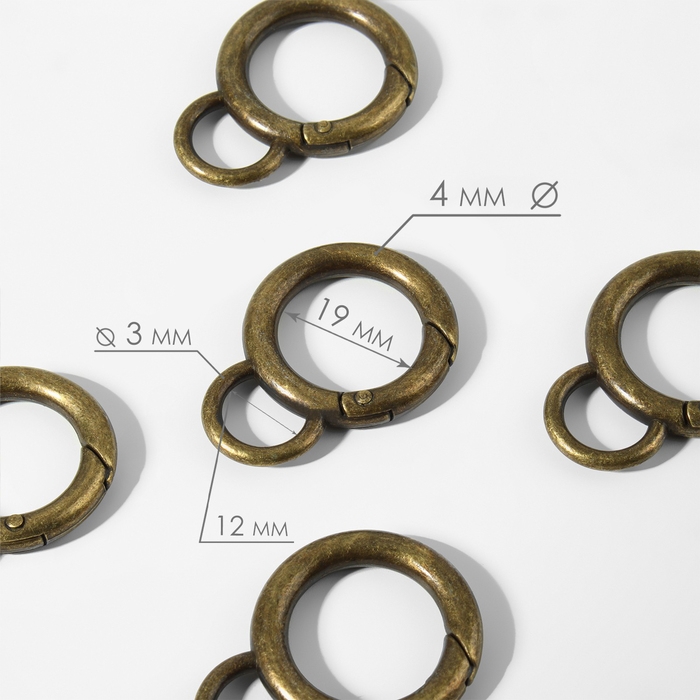 Кольцо-карабин, 37 мм, d = 27/19 мм, толщина - 4 мм, с креплением 12 &times; 3 мм, 5 шт, цвет бронзовый