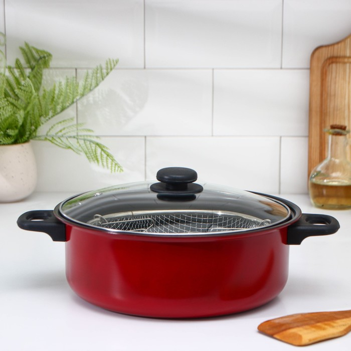 Кастрюля &laquo;Ренард&raquo;, 4 л, с крышкой, сетка фри 26&times;9 см, антипригарное покрытие, цвет красный