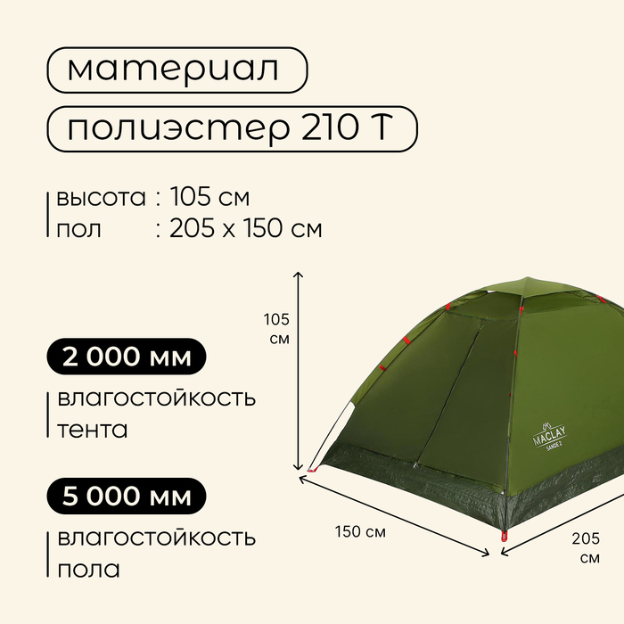 Палатка туристическая Maclay SANDE 2, р. 205х150х105 см, 2-местная, однослойная