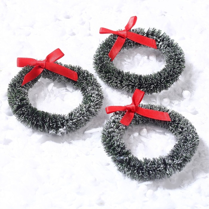 Декор &laquo;Новогодний венок с бантиком&raquo;, набор 3 шт., размер 1 шт. &mdash; 6,5 см, цвет тёмно-зелёный
