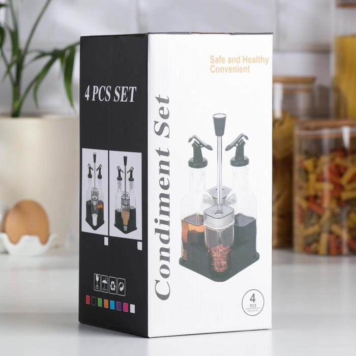 Набор для специй на подставке &laquo;Элегант&raquo;, 4 предмета: 2 солонки 100 мл, 2 бутылки 160 мл, цвет крышки чёрный
