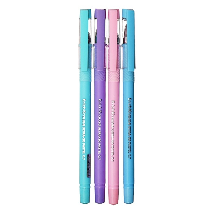 Набор ручек шариковых 4 штуки, ErichKrause ULTRA-30 Stick&Grip Pastel, узел 0.7 мм, чернила синие, резиновый держатель, длина линии письма 2000 метров