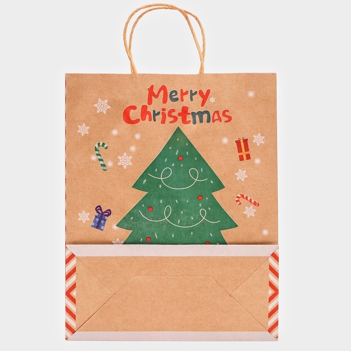 Новый год. Пакет бумажный подарочный новогодний крафт "Новогодняя ёлка", 33 &times; 26 &times; 12 см.