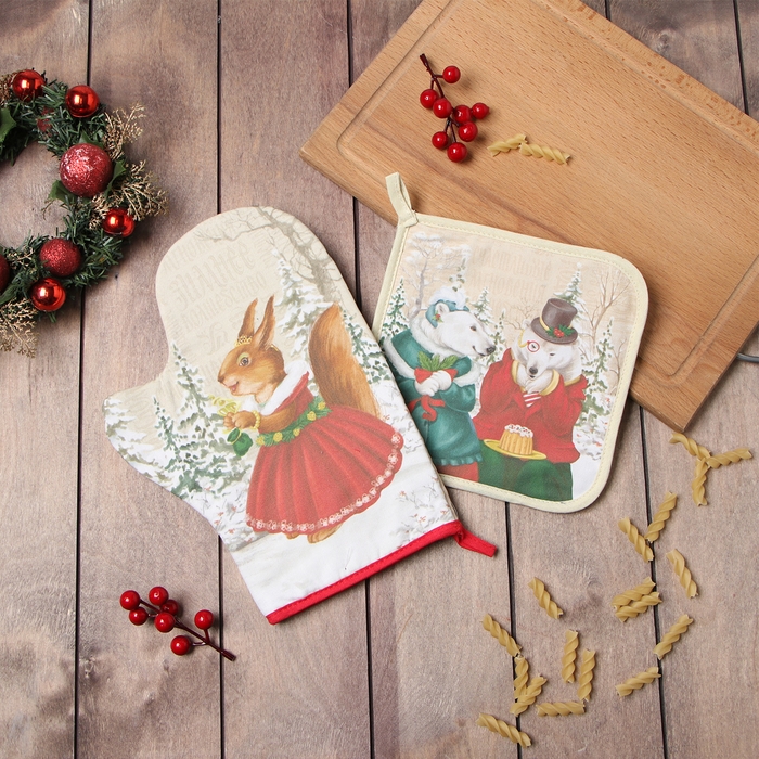 Новый год. Набор кухонный &laquo;Зимнее волшебство&raquo; варежка-прих.20х28см, прихватка 19х19,100% хл,ватин 250г/м2