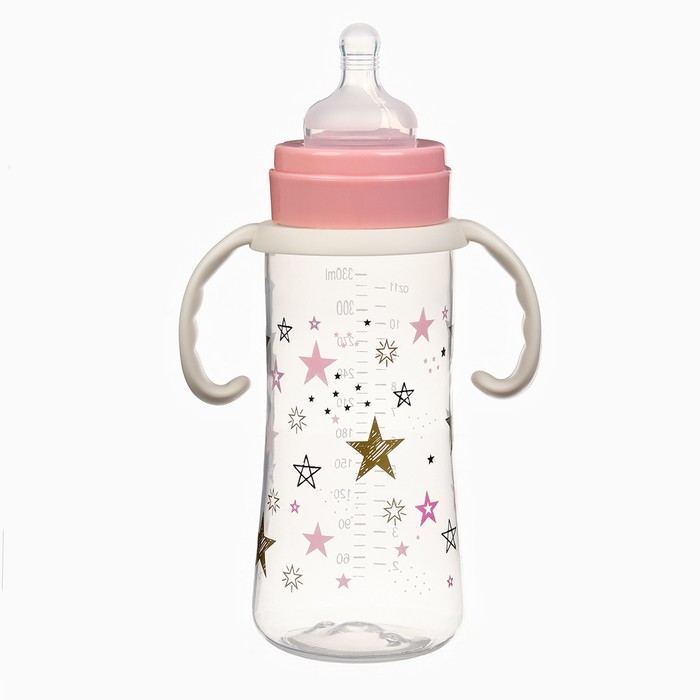 Бутылочка для кормления &Oslash;50мм ШГ, &laquo;Звезды&raquo;, 330мл, +3мес., цвет розовый, ручки молочные