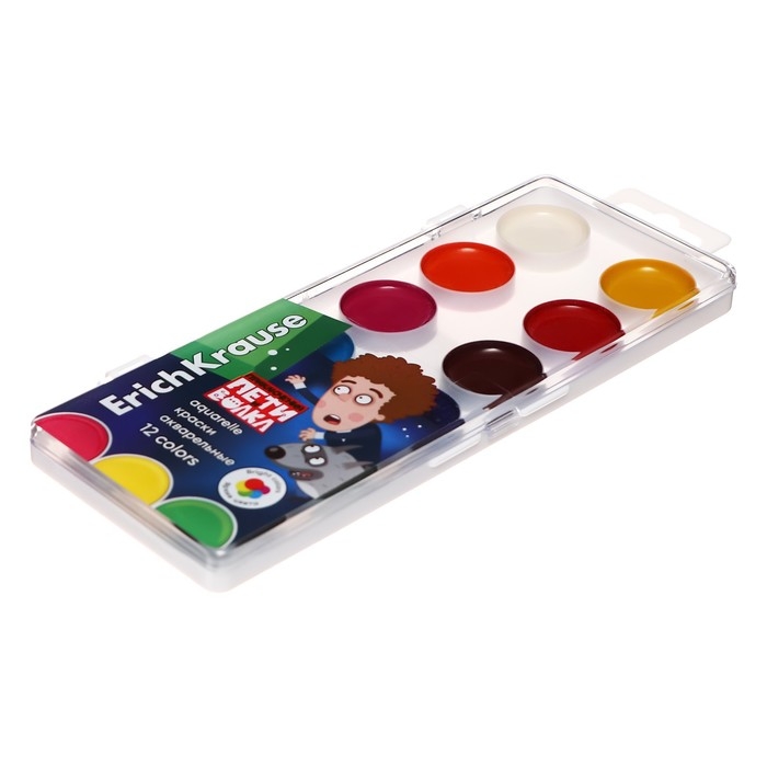 Акварель 12 цветов ErichKrause Акварель 12 цветов ErichKrause "Приключения Пети и Волка", без кисти, пластиковая коробка, европодвес