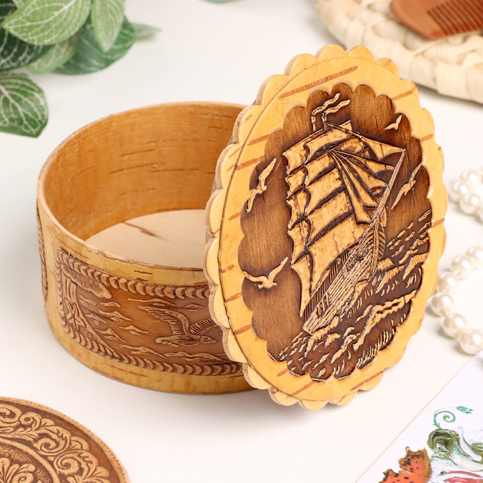 Шкатулка "Парусник", большая, 100 х 40 мм, береста