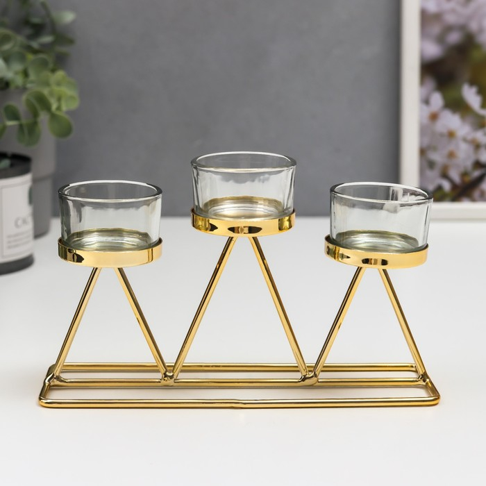 Подсвечник металл, стекло на 3 свечи Подсвечник металл, стекло на 3 свечи "Треугольники" золото 20х6х10 см