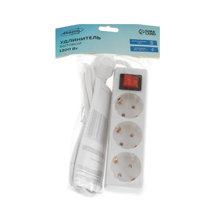 Удлинитель Luazon Lighting, 3 розетки, 1,8 м, 10 А, 2200 Вт, 3х0.75 мм2, с з/к, с выкл., Б Удлинитель Luazon Lighting, 3 розетки, 1,8 м, 10 А, 2200 Вт, 3х0.75 мм2, с з/к, с выкл., Б