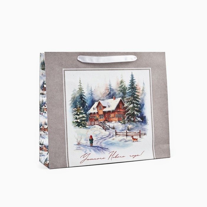 Пакет подарочный новогодний крафтовый вертикальный &laquo;Зимний лес&raquo;, M 26 х 30 х 9 см 9564906 , Новый год