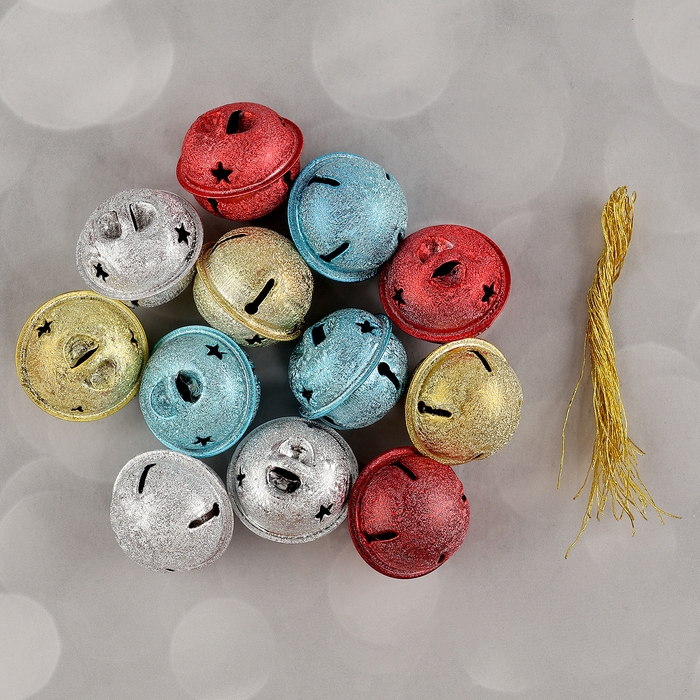 Бубенчики, набор 12 шт., размер 1 шт. — 3 × 3 см, цвет серебряный, золотой, красный, голубой Бубенчики, набор 12 шт., размер 1 шт. — 3 × 3 см, цвет серебряный, золотой, красный, голубой