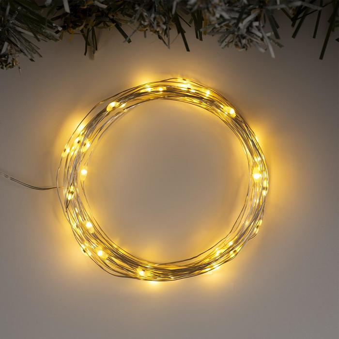 Гирлянда &laquo;Нить&raquo; 5 м роса, IP20, серебристая нить, 50 LED, 2 режима, батарейки AAх3 (нет в комплекте), свечение тёплое белое / мульти