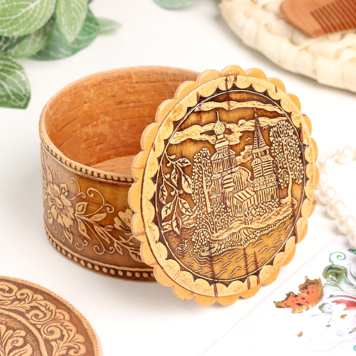 Шкатулка "Деревянная церковь" , 80 х 40 мм, береста