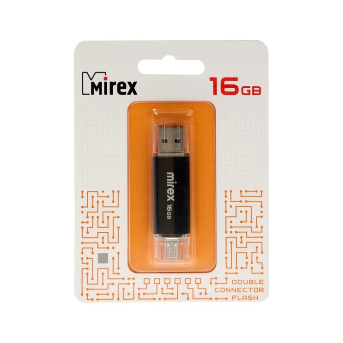 Флешка Mirex SMART BLACK, 16 Гб, USB2.0, USB/microUSB, чт до 25 Мб/с, зап до 15 Мб/с, черная
