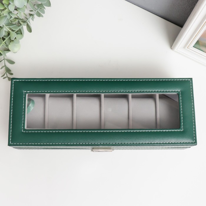 Шкатулка кожзам под часы 6 отделений Шкатулка кожзам под часы 6 отделений "Зелёная с белой строчкой" 8х30х11 см