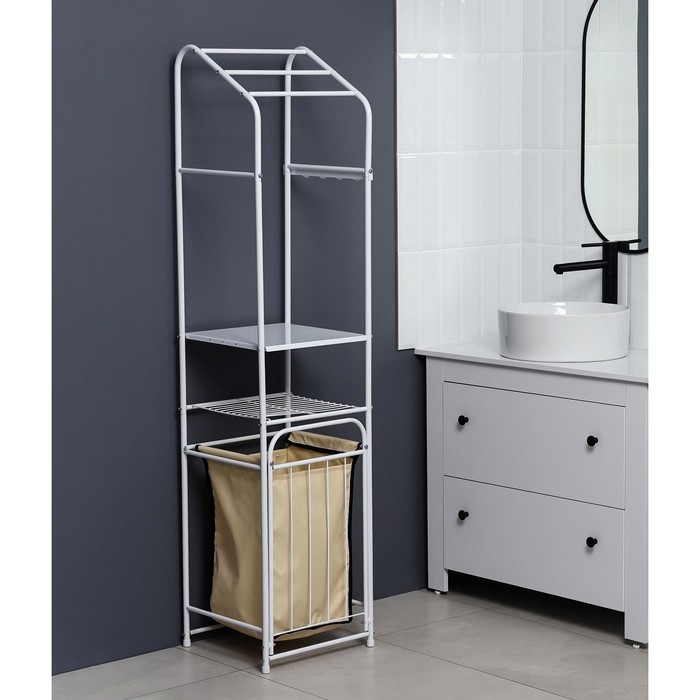 Стеллаж с корзиной для белья и перекладинами, 2-х ярусный, объем корзины 45 л, 38&times;35&times;160 см, цвет белый