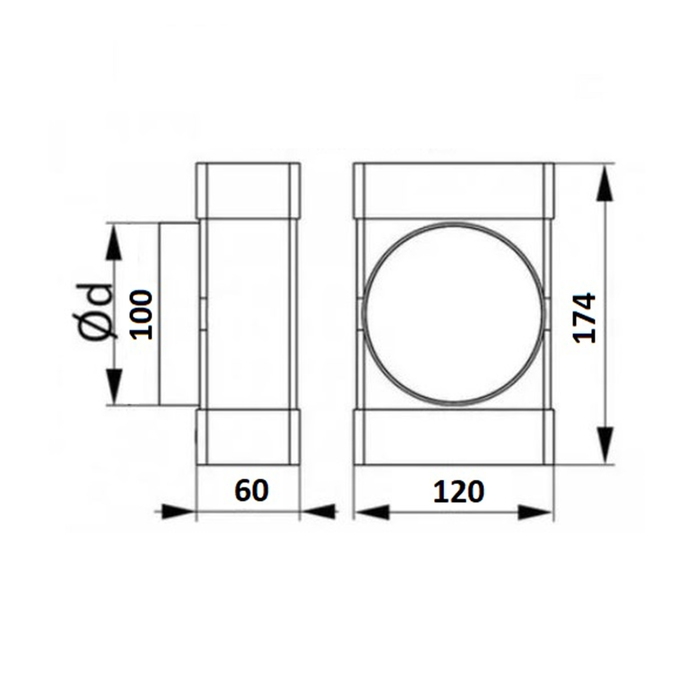 Тройник ZEIN,прямоугольный,60 х 120 мм,вентиляционный,с переходом на круглый канал d=100 мм