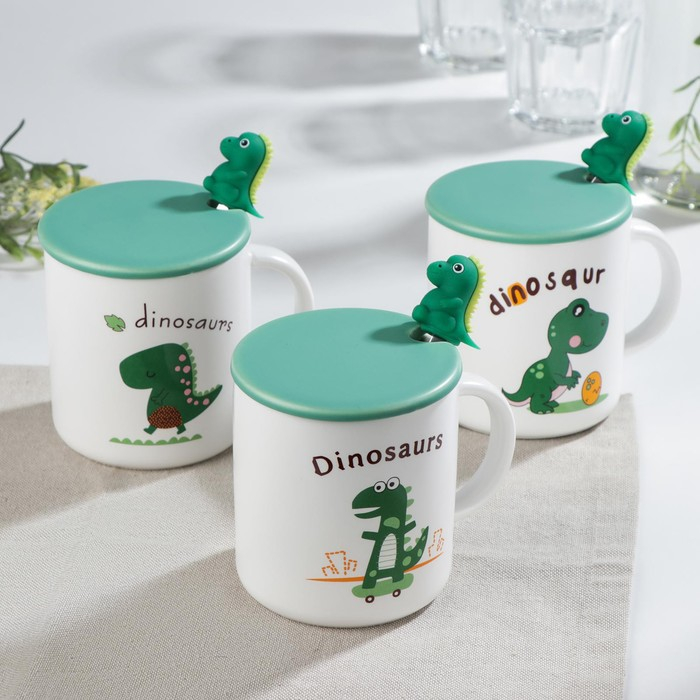 Кружка керамическая с крышкой и ложкой «Дино», 320 мл, рисунок МИКС Кружка керамическая с крышкой и ложкой «Дино», 320 мл, рисунок МИКС