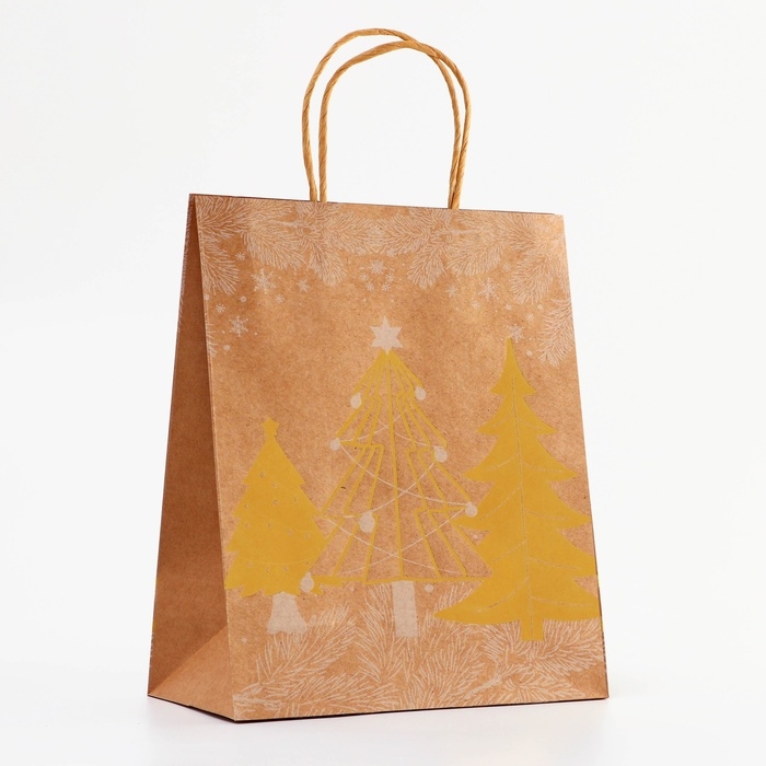 Пакет крафт с золотым тиснением, круглая ручка, "Рожденственский лес" 33 х 25 х 12 см, 120 г   10574