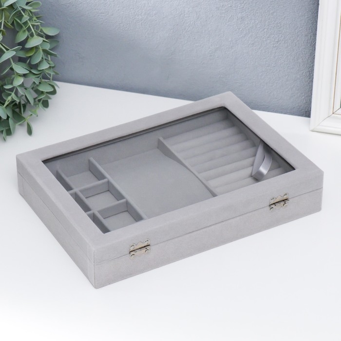 Шкатулка бархат для украшений (колец, колье и серёг) Шкатулка бархат для украшений (колец, колье и серёг) "Серый туман" 5х20х28 см