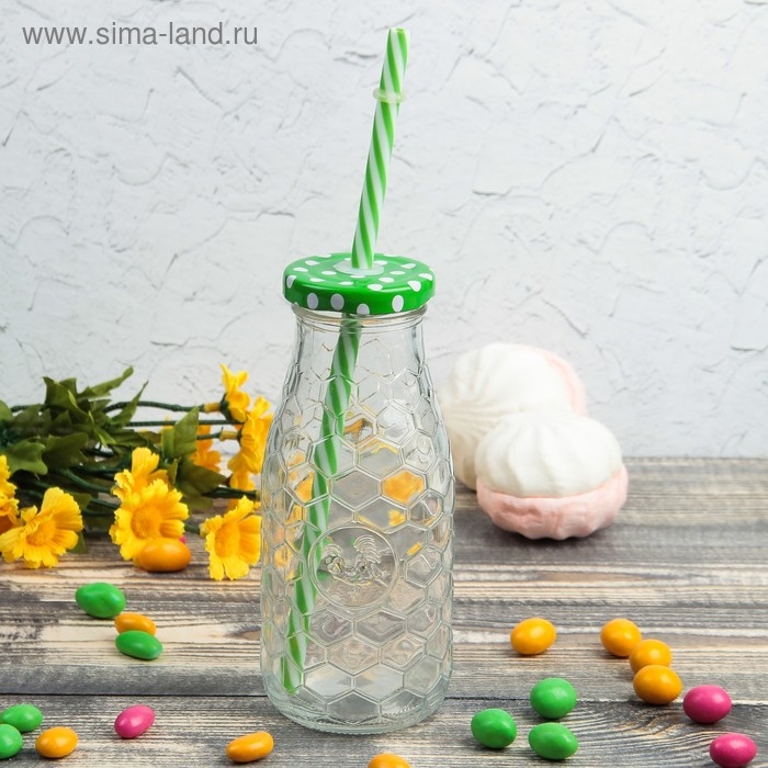 Бутыль стеклянная с крышкой и трубочкой &laquo;Соты&raquo;, 300 мл, 6,5&times;15,5 см, цвет МИКС