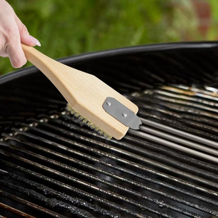 Щётка для гриля, 28&times;6&times;1,6 см, бук, латунный ворс, 77 пучков, скребок из нержавеющей стали