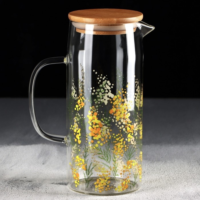 Кувшин стеклянный с бамбуковой крышкой &laquo;Нежная мимоза&raquo;, 1000 мл, с крышкой