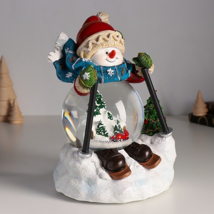 Сувенир полистоун водяной шар музыка, свет Сувенир полистоун водяной шар музыка, свет "Снеговичок на лыжах" d=10 см 15х13,5х21 см