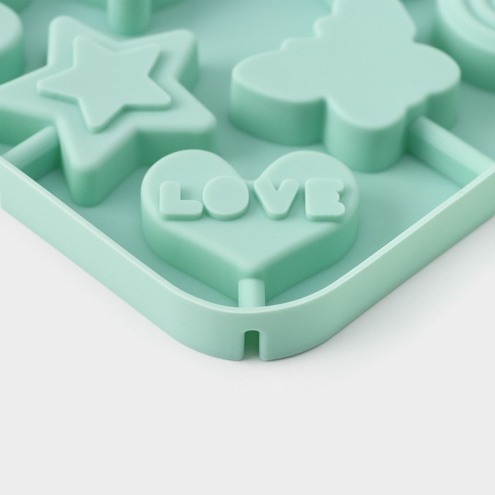 Форма для леденцов Доляна &laquo;Сладость&raquo;, силикон, 15&times;15&times;1,5 см, 8 ячеек, с палочками, цвет бирюзовый