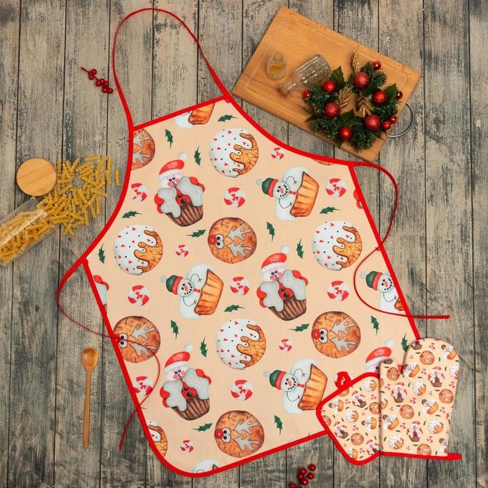 Кухонный новогодний набор Доляна Christmas прихватка 17*17см, варежка 26*16 см, фартук 60*80 см,100% п/э Кухонный новогодний набор Доляна Christmas прихватка 17*17см, варежка 26*16 см, фартук 60*80 см,100% п/э