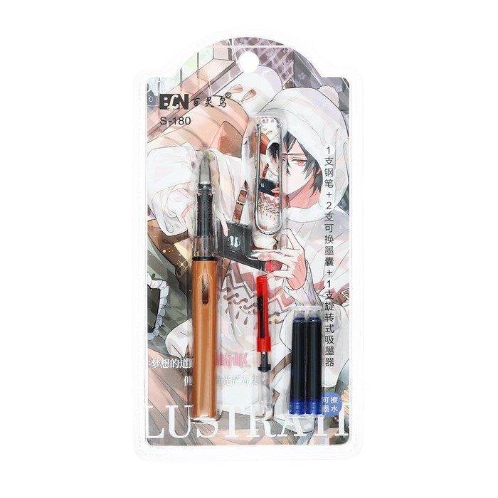 Ручка перьевая + 2 картриджа синих + поршень, на блистере, Ручка перьевая + 2 картриджа синих + поршень, на блистере, "Аниме", МИКС