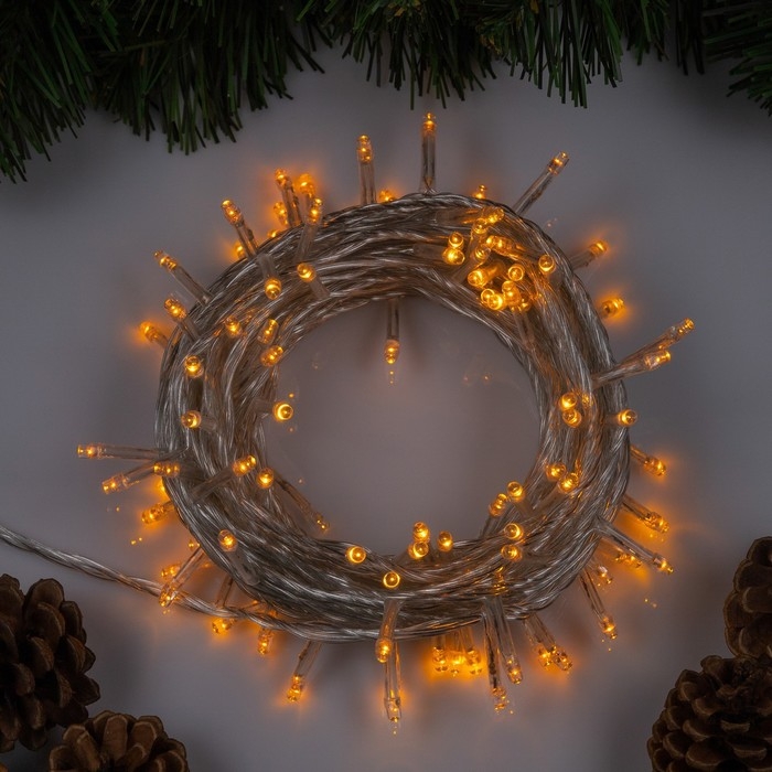 Гирлянда &laquo;Нить&raquo; 10 м, IP20, прозрачная нить, 100 LED, свечение жёлтое, 8 режимов, 220 В