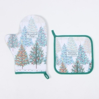 Новый год. Набор кухонный Этель "Сказочный лес": прихватка 19х19 см, варежка-прихватка 20х28 см, 100% хл
