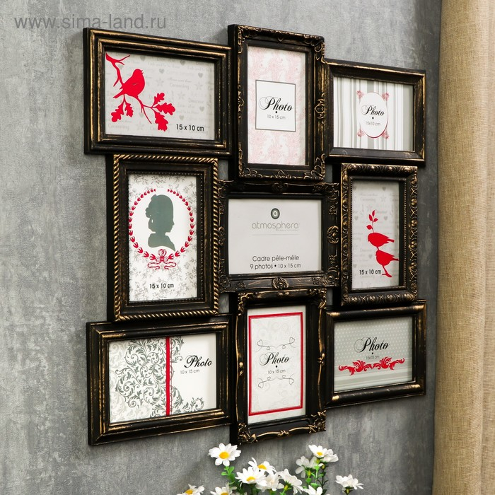 Фоторамка пластик на 9 фото 10х15 см Фоторамка пластик на 9 фото 10х15 см "Семейная" под бронзу 49х49 см