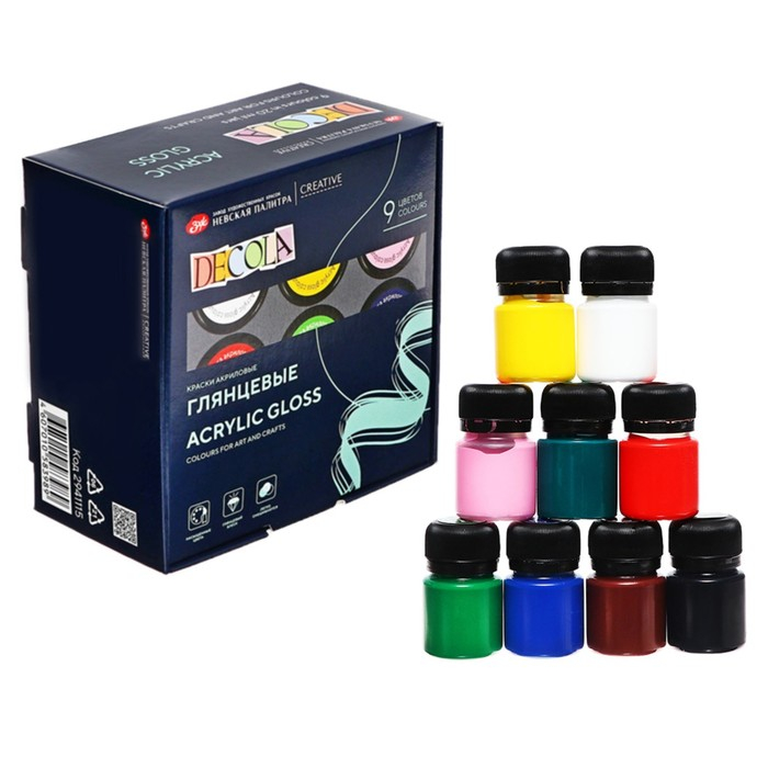 Краска акриловая, набор 9 цветов х 20 мл, ЗХК Decola, глянцевые, 2941115 Краска акриловая, набор 9 цветов х 20 мл, ЗХК Decola, глянцевые, 2941115