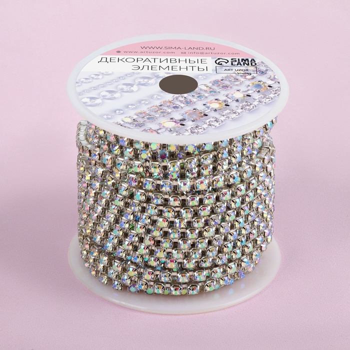 Цепь со стразами, с голографией, металл, стекло, 3,5 мм, 9 &plusmn; 1 м, цвет серебряный