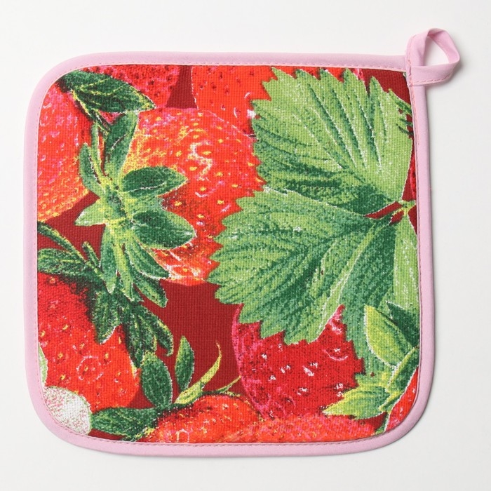 Прихватка 18х18 см, Клубника, рогожка, 100% хлопок