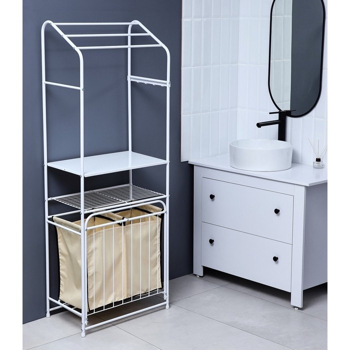 Стеллаж с двойной корзиной для белья и перекладинами, 2-х ярусный, 60&times;35&times;160 см, цвет белый