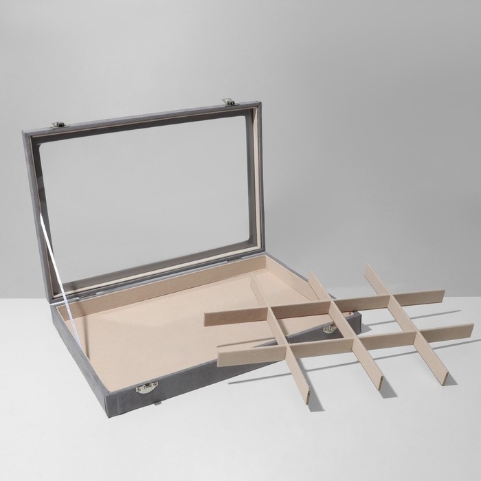 Подставка для украшений &laquo;Шкатулка&raquo; 12 ячеек, флок, 35&times;24&times;4,5, стеклянная крышка, цвет серо-бежевый