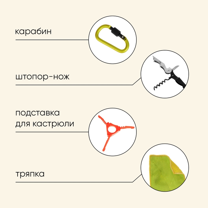 Набор туристической посуды Maclay: 2 кастрюли, приборы, горелка, штопор, тряпка, карабин Набор туристической посуды Maclay: 2 кастрюли, приборы, горелка, штопор, тряпка, карабин